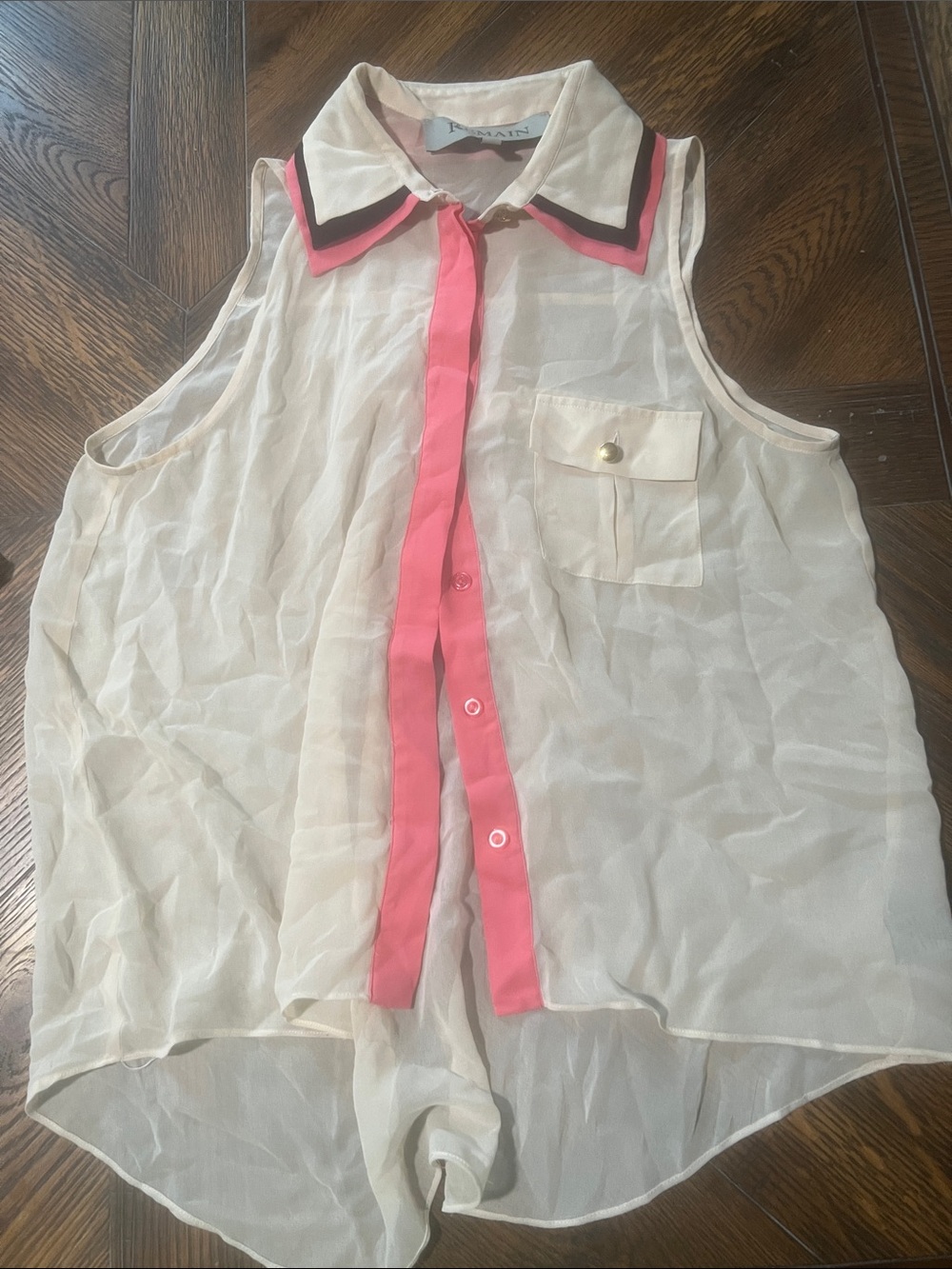 Sheer Cream Sleeveless Blouse with Pink Trim ( Bin 4-030)